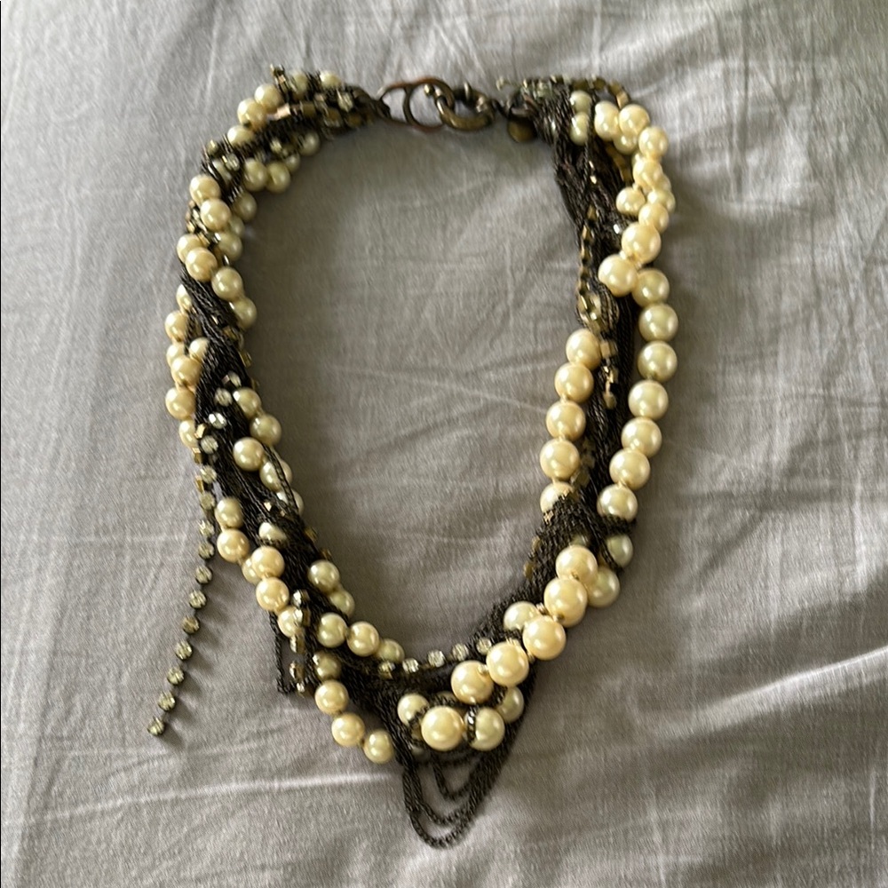 J Crew statement necklace.  Tangled pearl, chain and stone